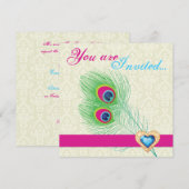Peacock veer juweel hart bruiloft uitnodiging (Voorkant / Achterkant)