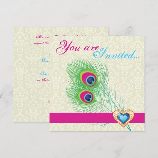 Peacock veer juweel hart bruiloft uitnodiging (Voorkant / Achterkant)