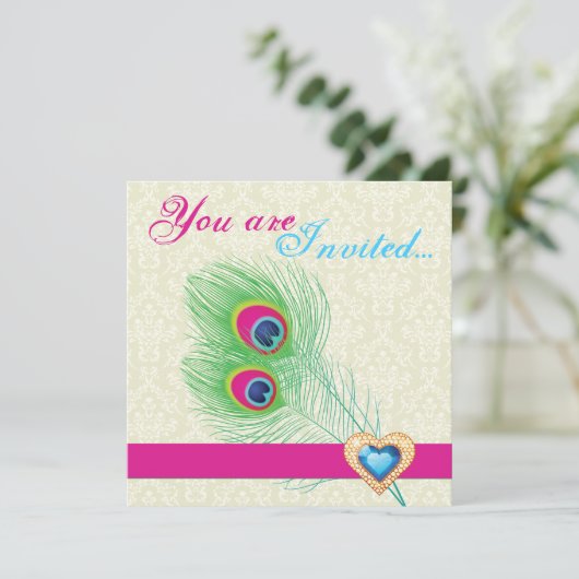 Peacock veer juweel hart bruiloft uitnodiging (Staand voorkant)