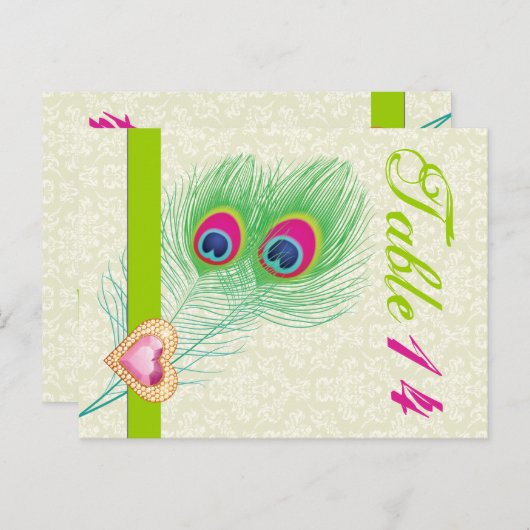 Peacock veer juweel hart trouwtafel nummer briefkaart (Voorkant / Achterkant)