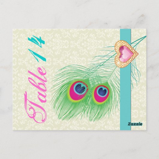 Peacock veer juweel hart trouwtafel nummer briefkaart (Achterkant)