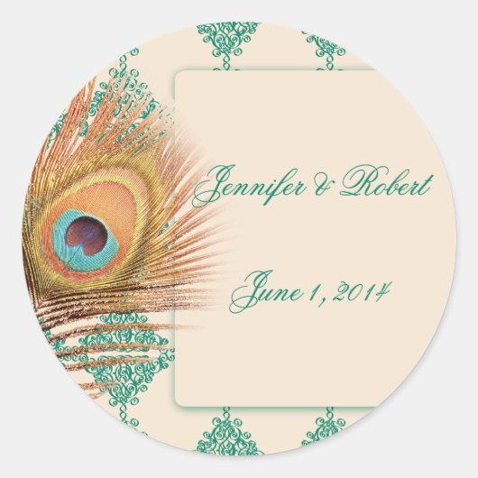 Peacock Veer op Blauwgroen Marokkaanse Envelope Se Ronde Sticker (Voorkant)