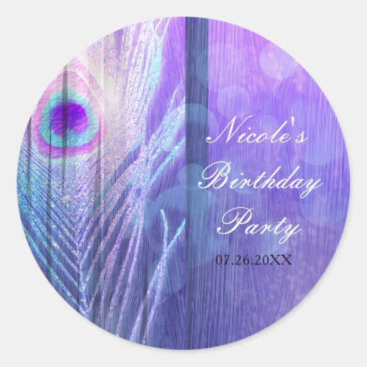 Peacock Veer Paarse Glam Boho Party Favor Ronde Sticker (Voorkant)