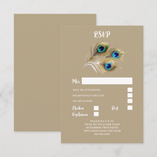 Peacock veer pluim goud blauw eenvoudige minimalis RSVP kaartje (Voorkant / Achterkant)