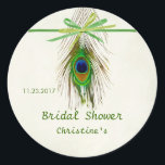 Peacock veer Vrijgezellenfeest Sticker<br><div class="desc">Kleurrijke groene,  blauwe,  aquamarijn,  bruine Vrijgezellenfeesten Sticker. U kunt het gebruiken voor elke gelegenheid,  gemakkelijk aan te passen - verander lettertype,  kleur,  grootte en voeg uw eigen tekst. Let op: lint en strik zijn gedrukte afbeeldingen en niet echt.</div>