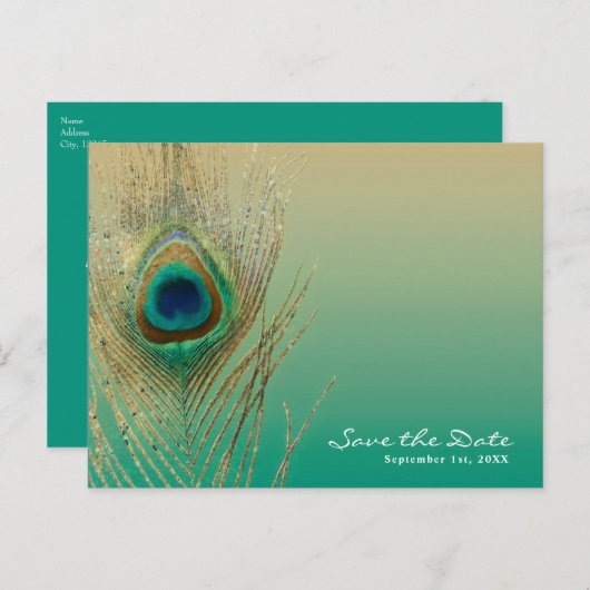 Peacock Veer Zand en Blauwgroen Boho sparen de Dat Aankondigingskaart (Voorkant / Achterkant)