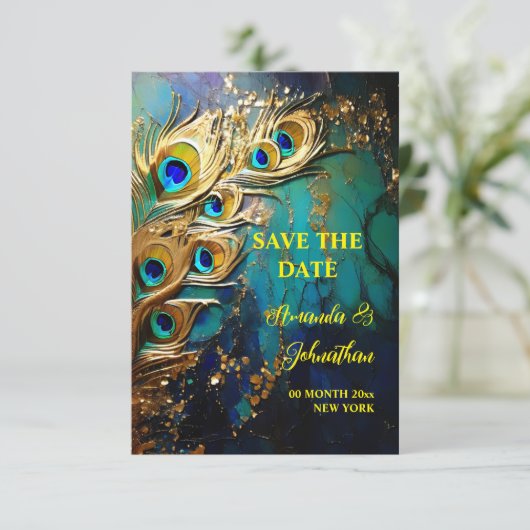 Peacock veren 3D art iriserende elegante Save The Date (Staand voorkant)