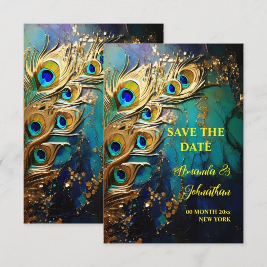 Peacock veren 3D art iriserende elegante Save The Date (Voorkant / Achterkant)