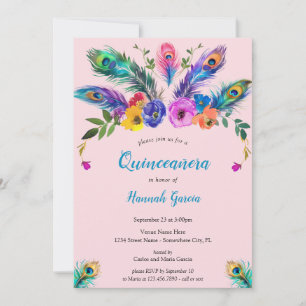Peacock Veren & Bloemen Blush Roze Quinceañera Kaart
