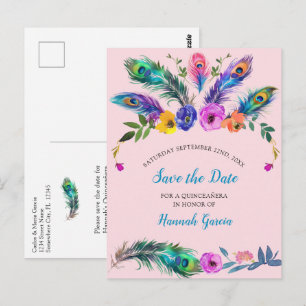 Peacock Veren & Bloemen Quinceañera Blush Pink Briefkaart