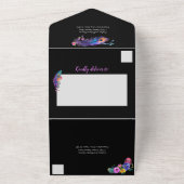 Peacock Veren & Bloemen Quinceañera Zwart All In One Uitnodiging (Buitenkant)