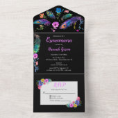 Peacock Veren & Bloemen Quinceañera Zwart All In One Uitnodiging (Binnen)