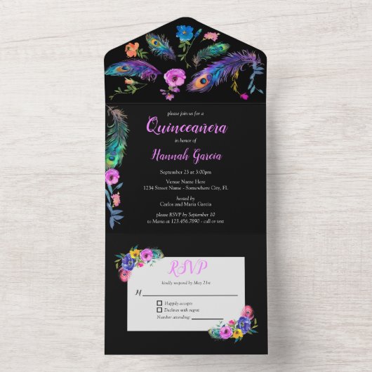Peacock Veren & Bloemen Quinceañera Zwart All In One Uitnodiging (Binnen)