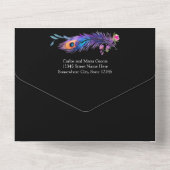 Peacock Veren & Bloemen Quinceañera Zwart All In One Uitnodiging (Achterkant)