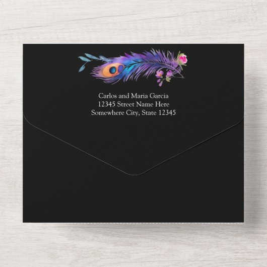 Peacock Veren & Bloemen Quinceañera Zwart All In One Uitnodiging (Achterkant)