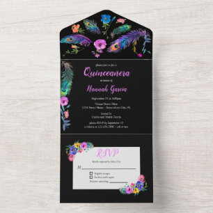 Peacock Veren & Bloemen Quinceañera Zwart All In One Uitnodiging