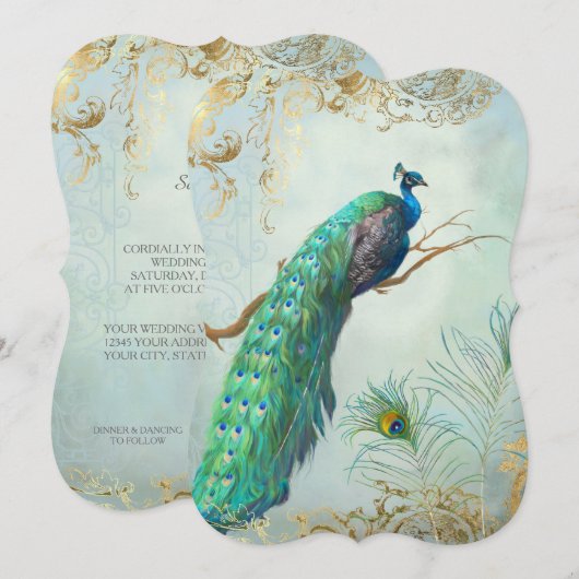 Peacock Veren Elegant Goud Aqua Blauw Bruiloft Kaart (Voorkant / Achterkant)