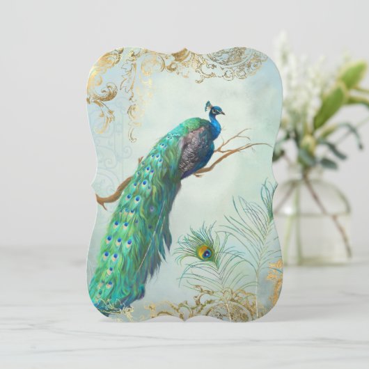 Peacock Veren Elegant Goud Aqua Blauw Bruiloft Kaart (Staand voorkant)