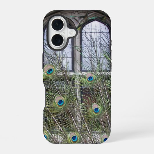 Peacock veren en gotische ramen iPhone 16 hoesje (Achterkant)