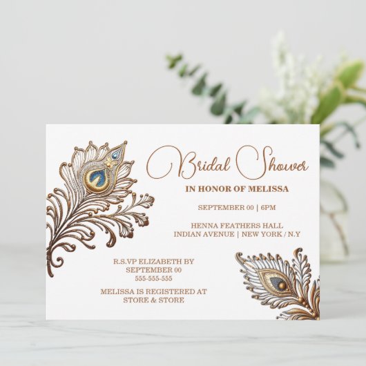 Peacock veren henna geïnspireerd Indiase bruids Kaart (Staand voorkant)