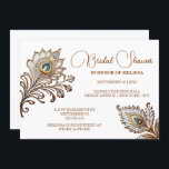 Peacock veren henna geïnspireerd Indiase bruids Kaart<br><div class="desc">Twee prachtige donkergouden henna geïnspireerde pauwenveren met een vleugje blauw rond hun donkergouden pluimen verschijnen in de linker- en rechterbovenhoek. Ze worden geplaatst tegen een grimmige witte achtergrond waardoor de veren pop en aangepaste sjablonen tussen hen verschijnen. Personaliseer de tekst op maat van uw speciale gelegenheid. Dit is ideaal voor...</div>