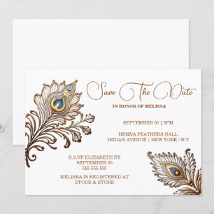 Peacock veren henna geïnspireerde save date kaart