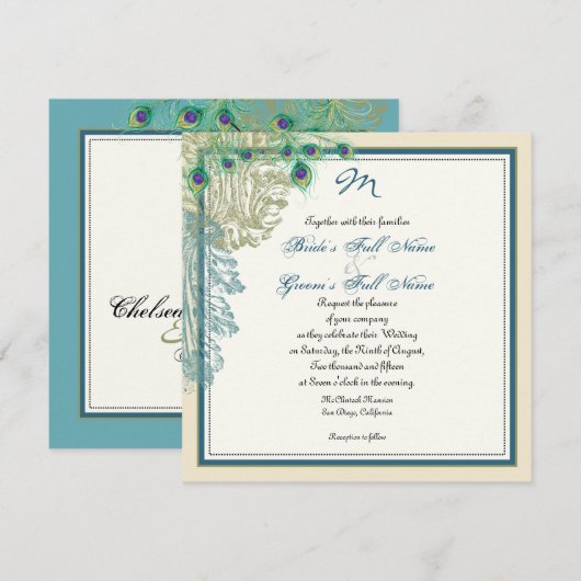 Peacock, veren in Etchings - Uitnodiging (Voorkant / Achterkant)