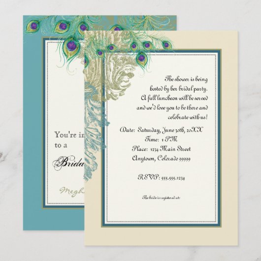 Peacock, veren in Etchings - Uitnodiging (Voorkant / Achterkant)