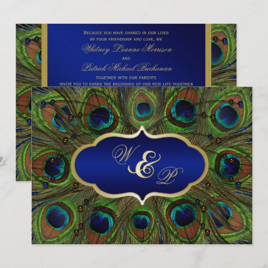 Peacock veren, kralen bruiloft uitnodiging - Blauw (Voorkant / Achterkant)