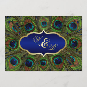 Peacock veren, kralen bruiloft uitnodiging - Blauw