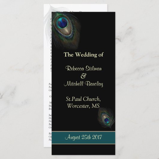 Peacock veren op zwarte bruiloft programma programmakaart (Voorkant / Achterkant)