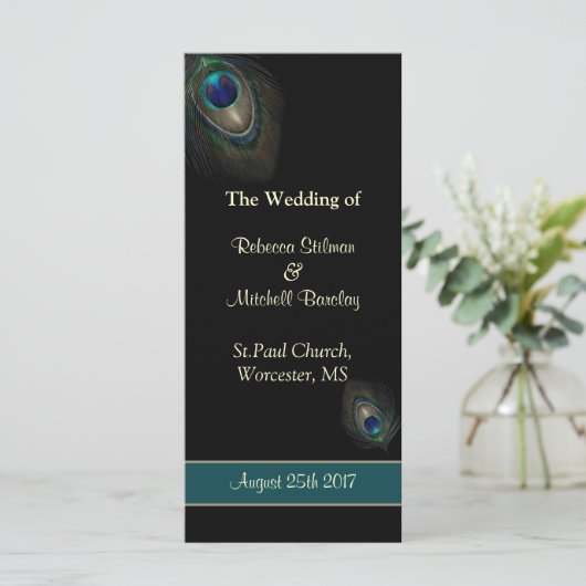 Peacock veren op zwarte bruiloft programma programmakaart (Staand voorkant)