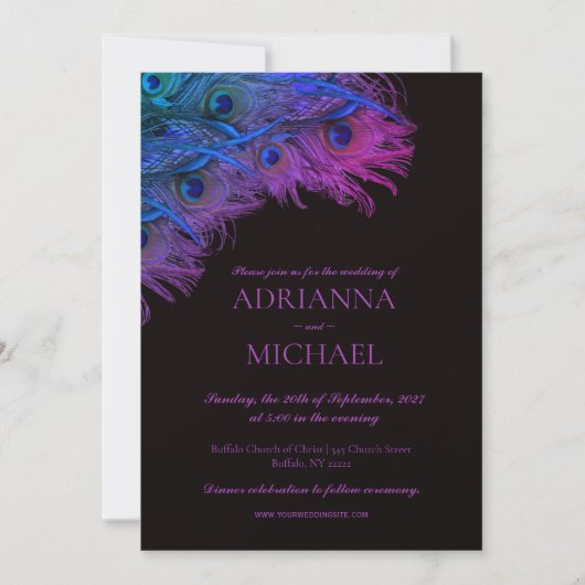 Peacock veren op zwarte bruiloft uitnodiging (Voorkant)