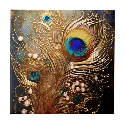 Peacock veren parel stippen gemarmerd faux folie w tegeltje (Voorkant)