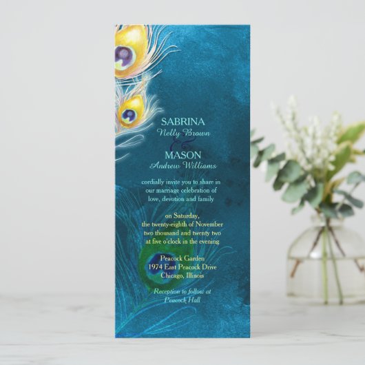 Peacock veren rustieke Peacock blauwe bruiloft Kaart (Staand voorkant)