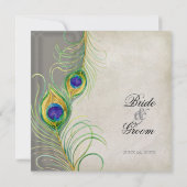 Peacock veren zilveren damast bruiloft briefpapier kaart (Achterkant)