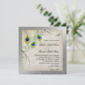 Peacock veren zilveren damast bruiloft briefpapier kaart (Staand voorkant)