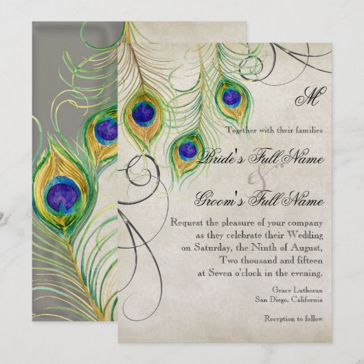 Peacock veren zilveren damast bruiloft briefpapier kaart (Voorkant / Achterkant)