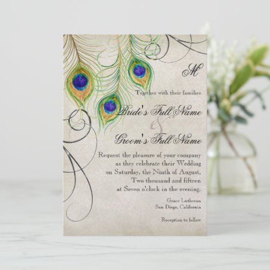 Peacock veren zilveren damast bruiloft briefpapier kaart (Staand voorkant)