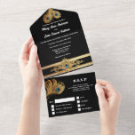 Peacock veren zwart goud elegante bruiloft all in one uitnodiging<br><div class="desc">Levendige gouden pauwenveren met blauwgroen blauwe rozetten voegen een vleugje luxe en weelde toe aan deze tijdloze en klassieke "pauwenthema" huwelijksuitnodiging. De zwarte achtergrond van middernacht maakt de pluimen pop en de witte aangepaste sjablonen kunnen worden gepersonaliseerd om aan uw zeer speciale evenement of feest te voldoen. Het ontwerp is...</div>