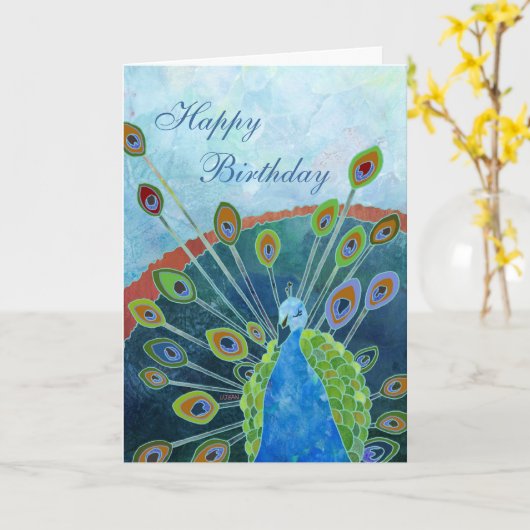 Peacock Verjaardag Kaart (Gele Bloem)