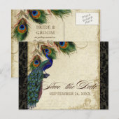 Peacock & Veters Formaal sparen de Datum Zwarte Ta Aankondigingskaart (Voorkant / Achterkant)