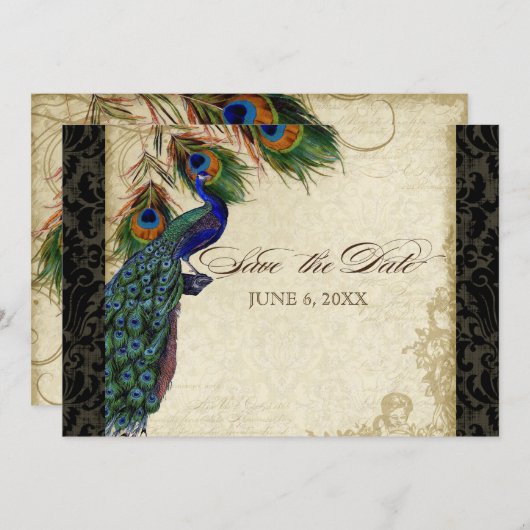 Peacock & Veters Formaal sparen de Datum Zwarte Ta Save The Date (Voorkant / Achterkant)