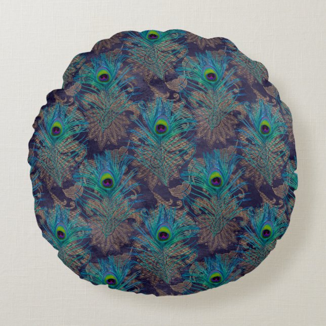 Peacock vether paisley paars blauwgroen goud boho  rond kussen (Voorkant)