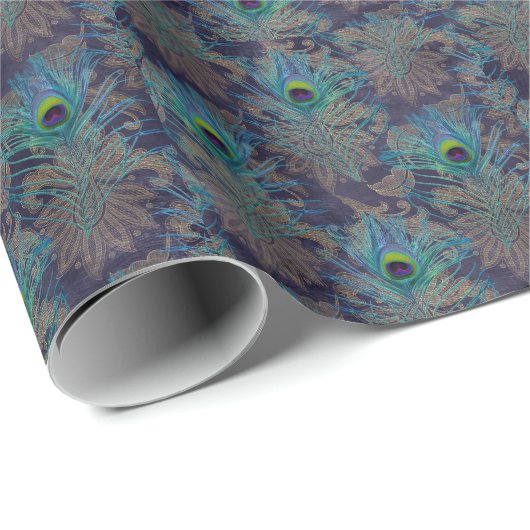 Peacock vether paisley paars blauwgroen goudboho cadeaupapier (Rol Hoek)