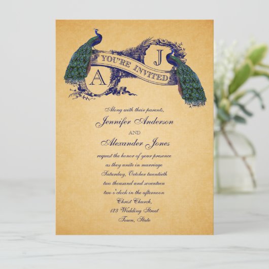 Peacock Vintage bruiloft uitnodiging | Blauw (Staand voorkant)