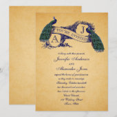 Peacock Vintage bruiloft uitnodiging | Blauw (Voorkant / Achterkant)