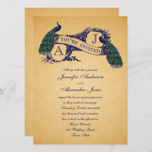 Peacock Vintage bruiloft uitnodiging | Blauw (Voorkant / Achterkant)