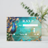 Peacock vogel elegante gemarmerde blauwgroen achte RSVP kaartje (Staand voorkant)
