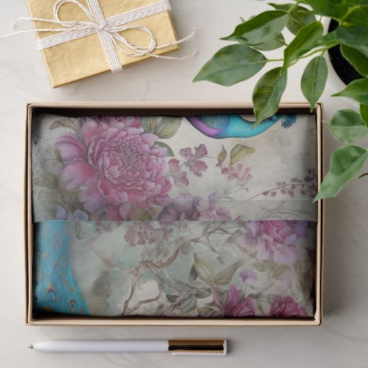 Peacock Vogel Kleurrijke Bloemen Achtergrond Decou Tissuepapier (Geschenk)
